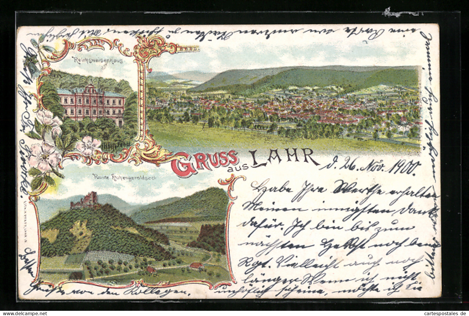Lithographie Lahr, Reichswaisenhaus, Ruine Hohengeroldseck  - Lahr