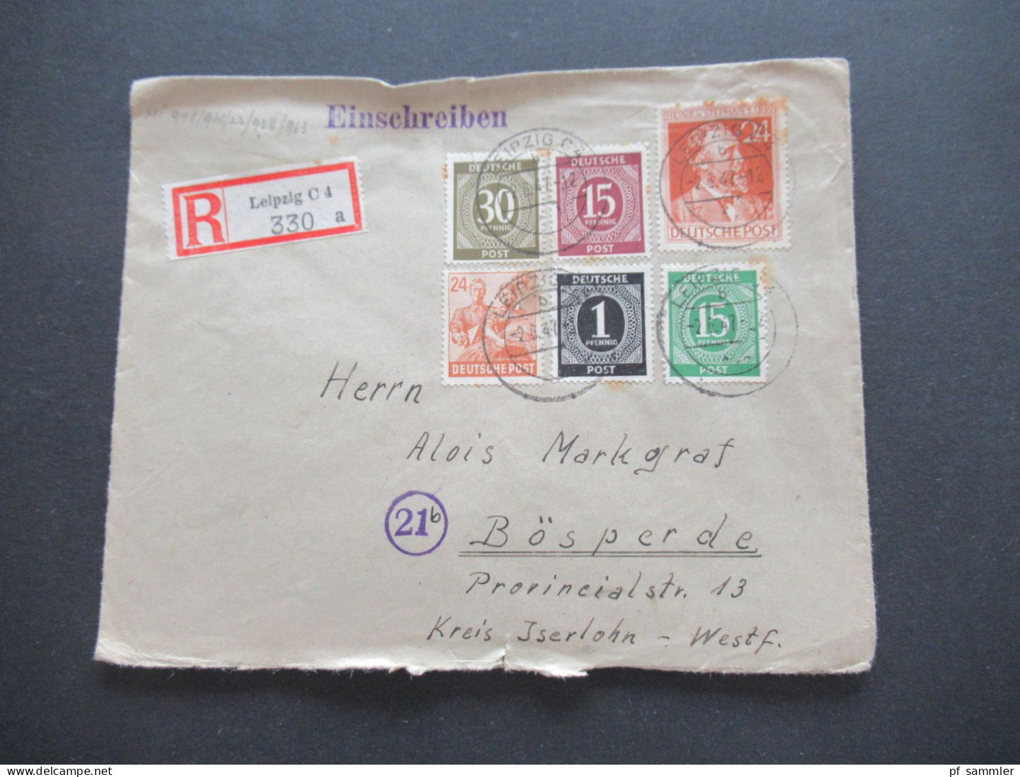 1947 Kontrollrat MiF Verwendet In Der SBZ Einschreiben Leipzig C4 Nach Bösperde Kreis Iserlohn Mit Ank. Stempel - Storia Postale