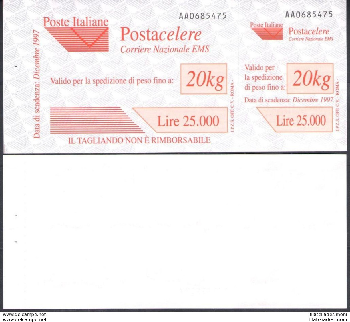 1997 Italia Repubblica ,  Servizio Postacelere Senza Croce Perforata MNH** N. 3a - Autres & Non Classés