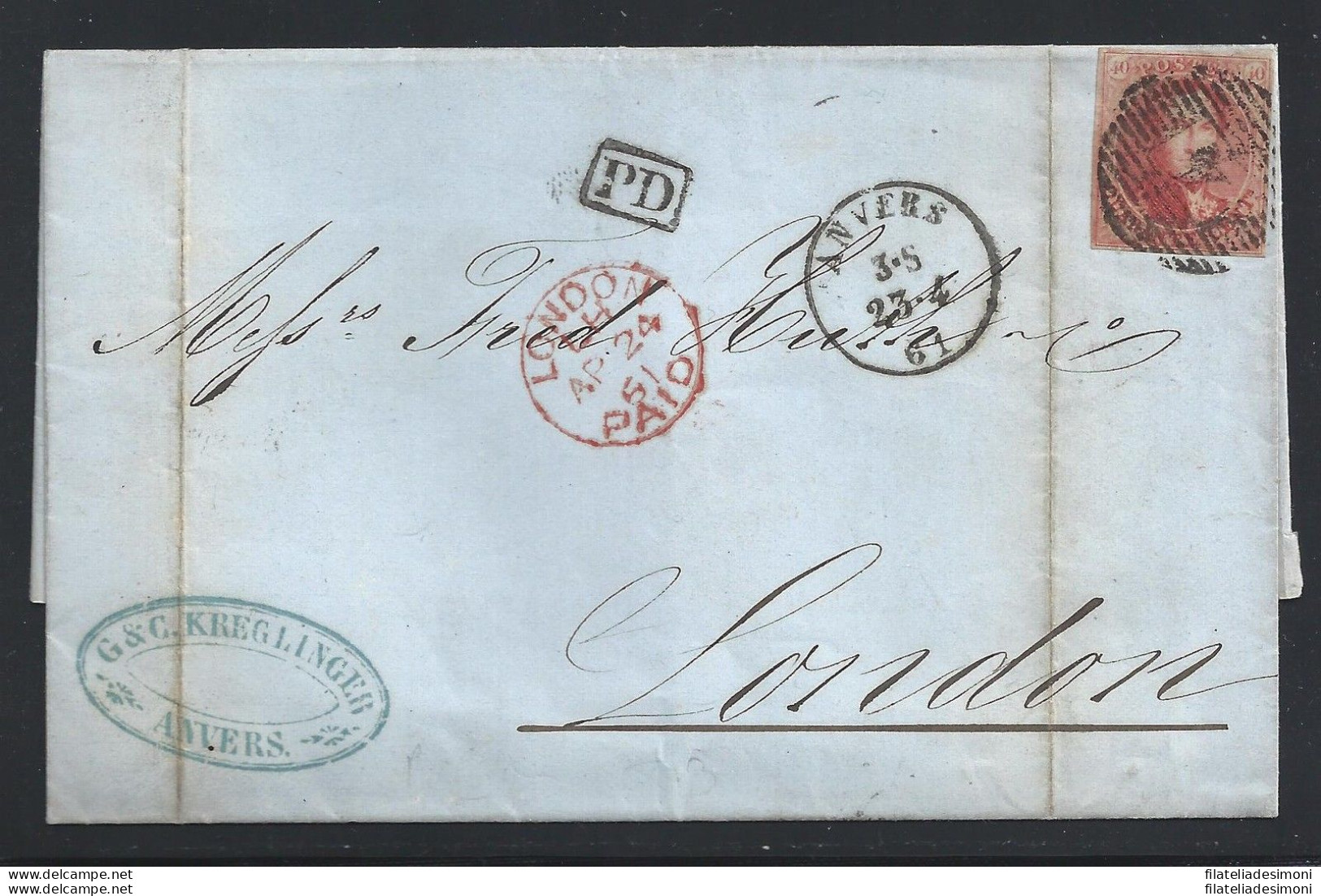 1861 Belgio - N. 12a 40 Cent Re Leopoldo I LETTERA - Other & Unclassified