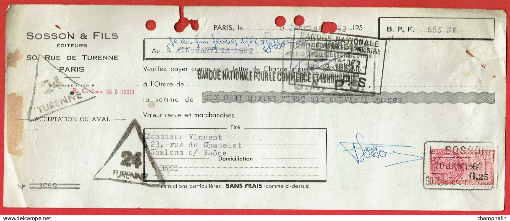 Lettre De Change De Paris (75) Pour Chalon-sur-Saône (71) - 10 Janvier 1962 - Ets Sosson & Fils - Timbre TF N°328 - Letras De Cambio