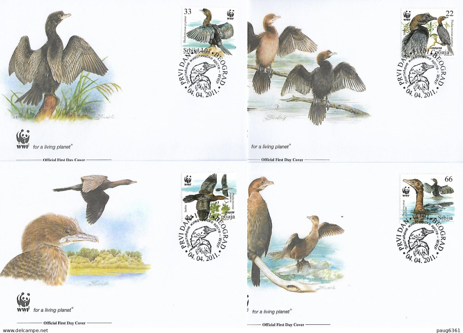 SERBIE  2011 4 FDC WWF-OISEAUX YVERT N°393/396 - FDC