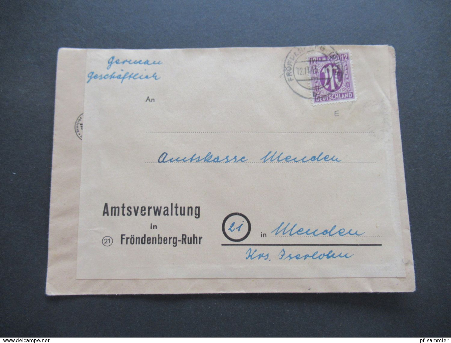 Bizone Am Post Nr.15 EF Tagesstempel Fröndenberg (Ruhr) 12.11.1945 Aufbrauch Alter 3.Reich Umschläge / Überklebt - Storia Postale