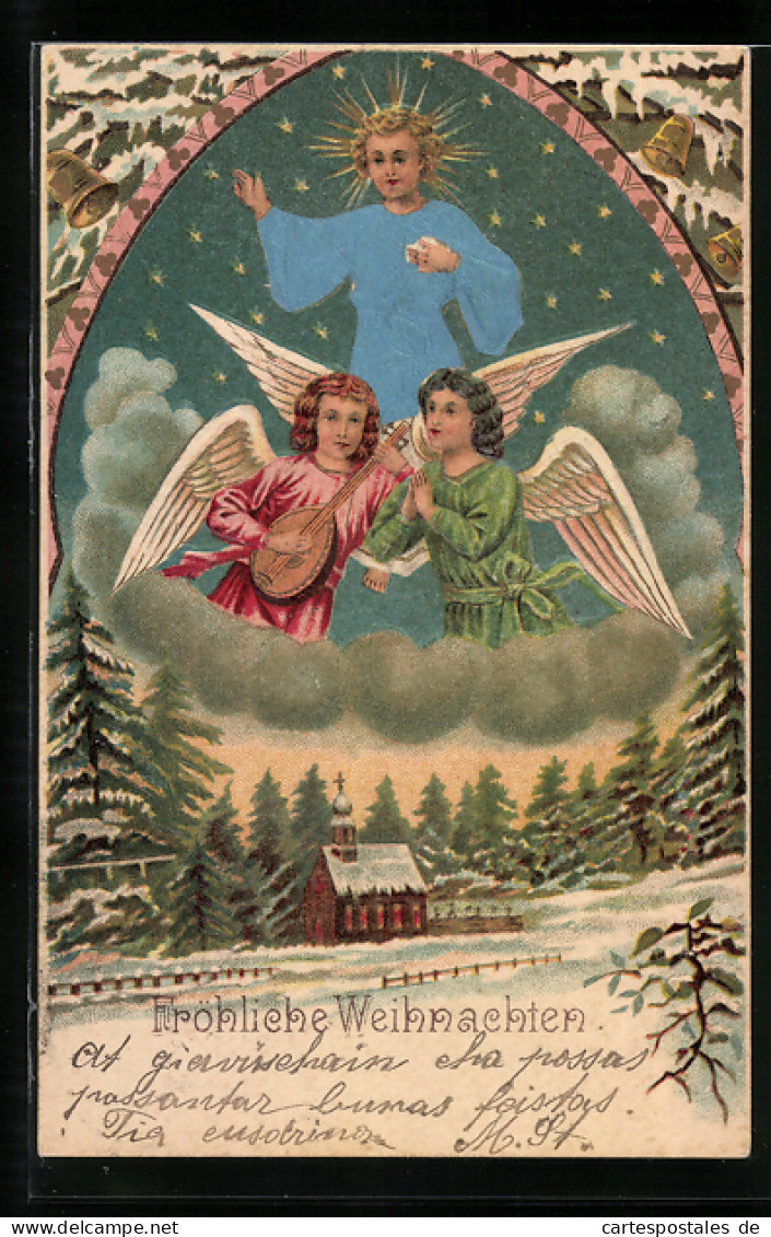 Lithographie Weihnachtsengel Und Segnendes Christkind über Kirche  - Angeli