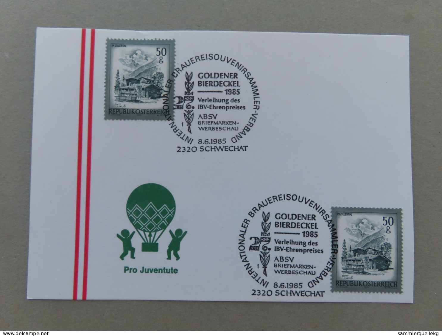 Österreich Pro Juventute - Mit Sonderstempel 8. 6. 1985 Schwechat, Goldener Bierdeckel 1985 (Nr.1064) - Autres & Non Classés