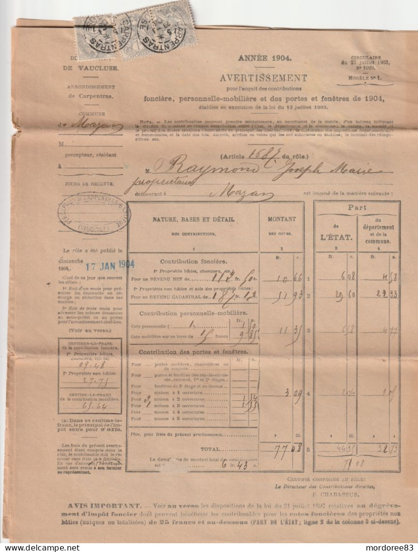 BLANC 1C GRIS X 3 SUR AVERTISSEMENT CONTRIBUTIONS FONCIERE 1904 VAUCLUSE CARPENTRAS MAZAN -  5PAGES - 1900-29 Blanc