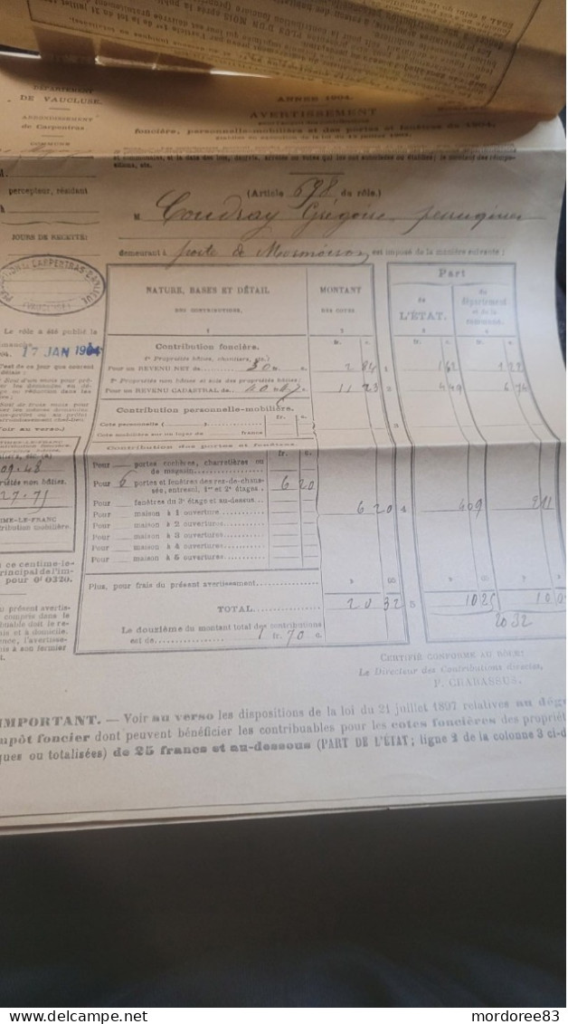 BLANC 1C GRIS X 3 SUR AVERTISSEMENT CONTRIBUTIONS FONCIERE 1904 VAUCLUSE CARPENTRAS MAZAN -  5PAGES - 1900-29 Blanc