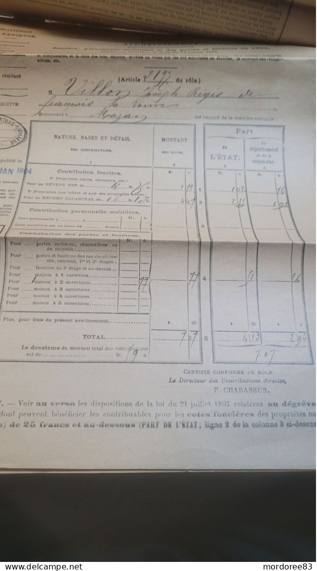 BLANC 1C GRIS X 3 SUR AVERTISSEMENT CONTRIBUTIONS FONCIERE 1904 VAUCLUSE CARPENTRAS MAZAN -  5PAGES - 1900-29 Blanc