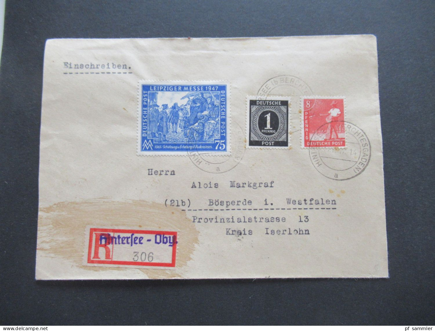 1947 Leipziger Herbstmesse Nr.966 MiF Einschreiben Not R-Zettel Gestempelt Hintersee Oberbayern - Bösperde In Westfalen - Cartas & Documentos