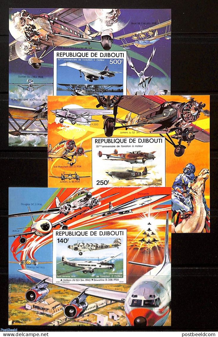 Djibouti 1979 75 Years Motorized Aviation 3 S/s Imperforated, Mint NH, Transport - Concorde - Aircraft & Aviation - Concorde