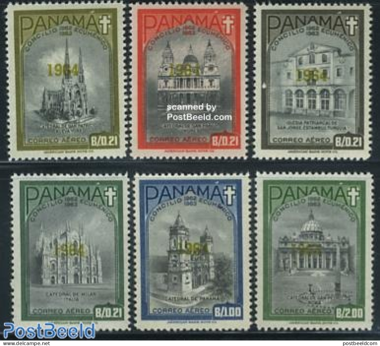 Panama 1964 Vatican Concile 6v, Overprints, Mint NH, Religion - Churches, Temples, Mosques, Synagogues - Religion - Eglises Et Cathédrales