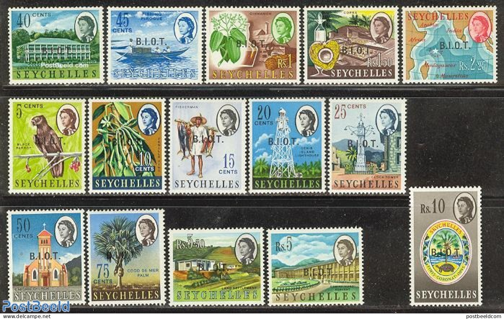 British Indian Ocean 1968 Overprints On Seychelles Stamps 15v, Mint NH, Nature - Transport - Various - Birds - Fish - .. - Fishes