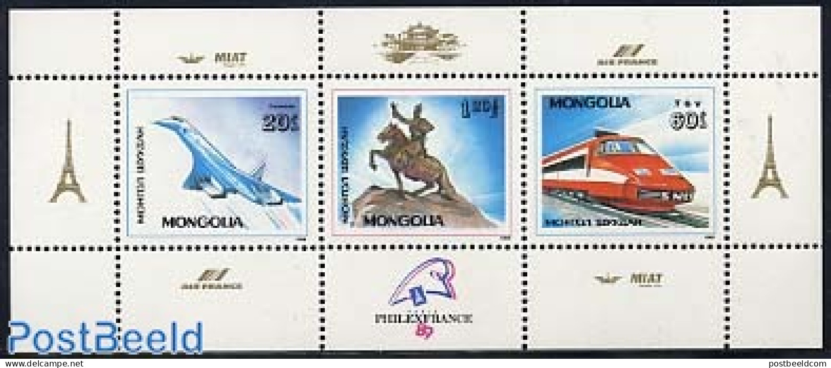 Mongolia 1989 Philexfrance 3v M/s, Mint NH, Nature - Transport - Horses - Philately - Concorde - Aircraft & Aviation -.. - Concorde
