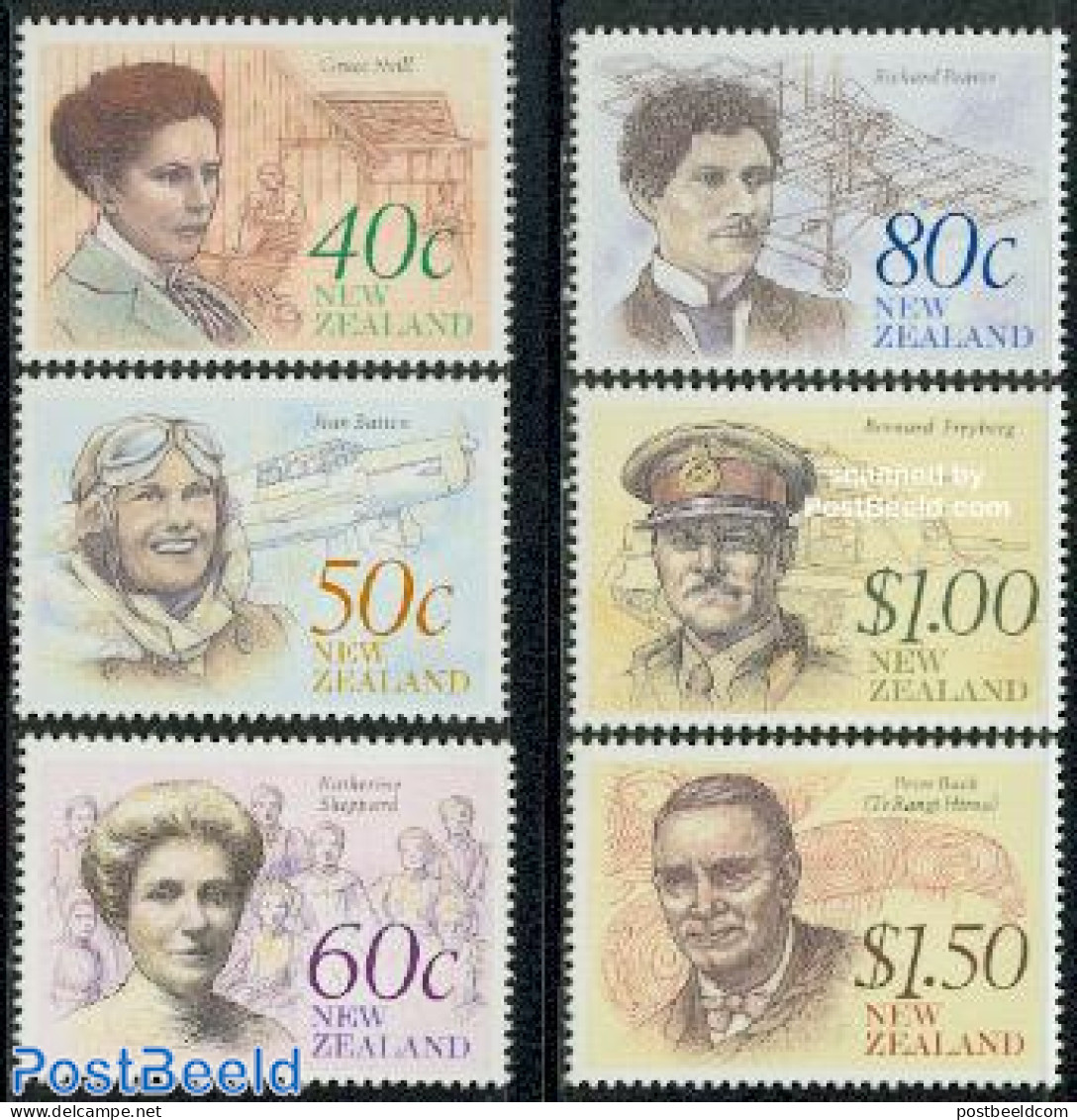 New Zealand 1990 Heritage, The Achievers 6v, Mint NH, History - Transport - Newspapers & Journalism - Politicians - Ai.. - Nuovi