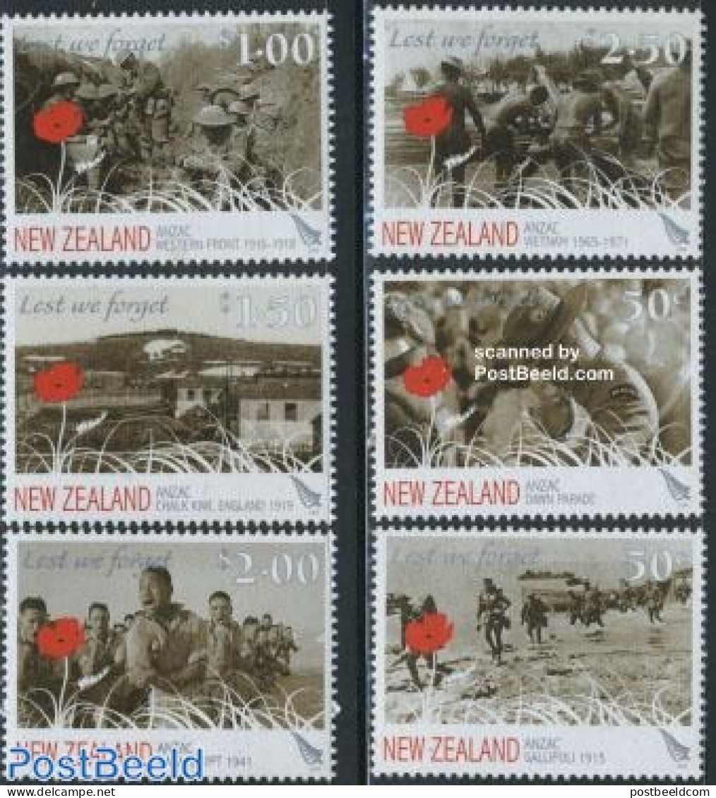 New Zealand 2008 ANZAC 6v, Mint NH, History - Transport - Militarism - World War II - Ships And Boats - World War I - Unused Stamps