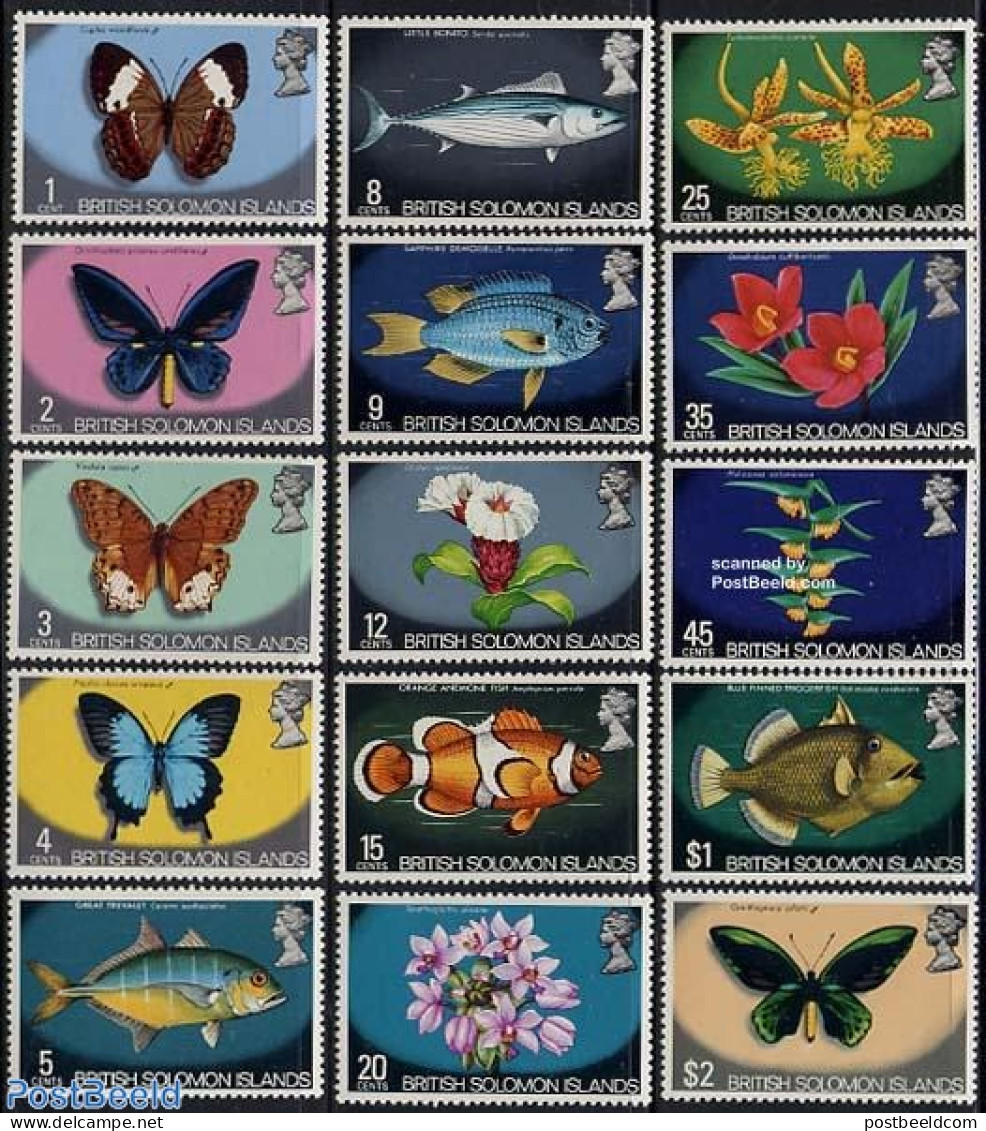 Solomon Islands 1972 Definitives 15v, Mint NH, Nature - Animals (others & Mixed) - Butterflies - Fish - Flowers & Plan.. - Poissons