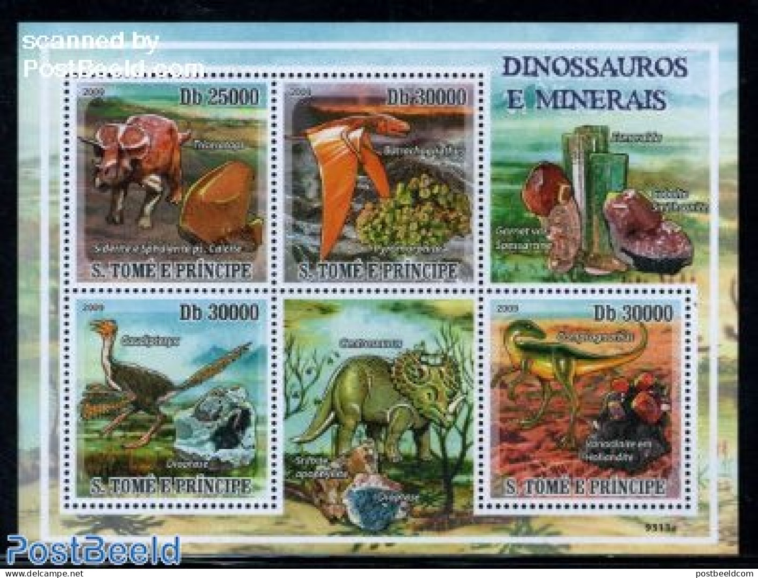 Sao Tome/Principe 2009 Dinosaurs & Minerals 4v M/s, Mint NH, History - Nature - Geology - Prehistoric Animals - Préhistoriques