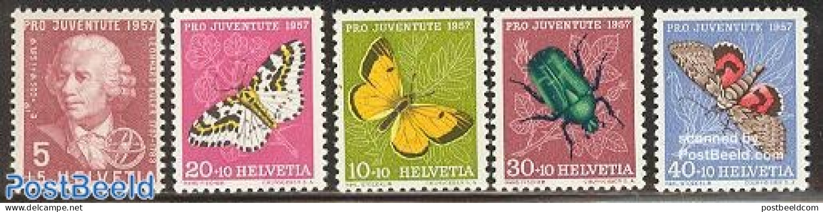 Switzerland 1957 Pro Juventute 5v, Mint NH, Nature - Science - Butterflies - Insects - Astronomy - Physicians - Nuovi