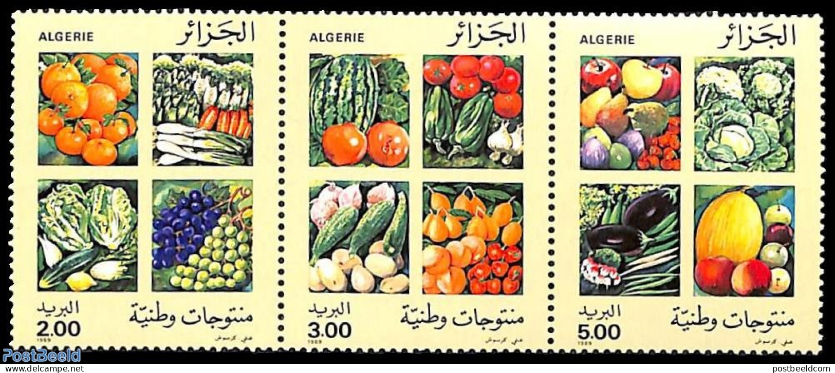 Algeria 1989 Fruits 3v [::], Mint NH, Health - Nature - Food & Drink - Fruit - Wine & Winery - Neufs