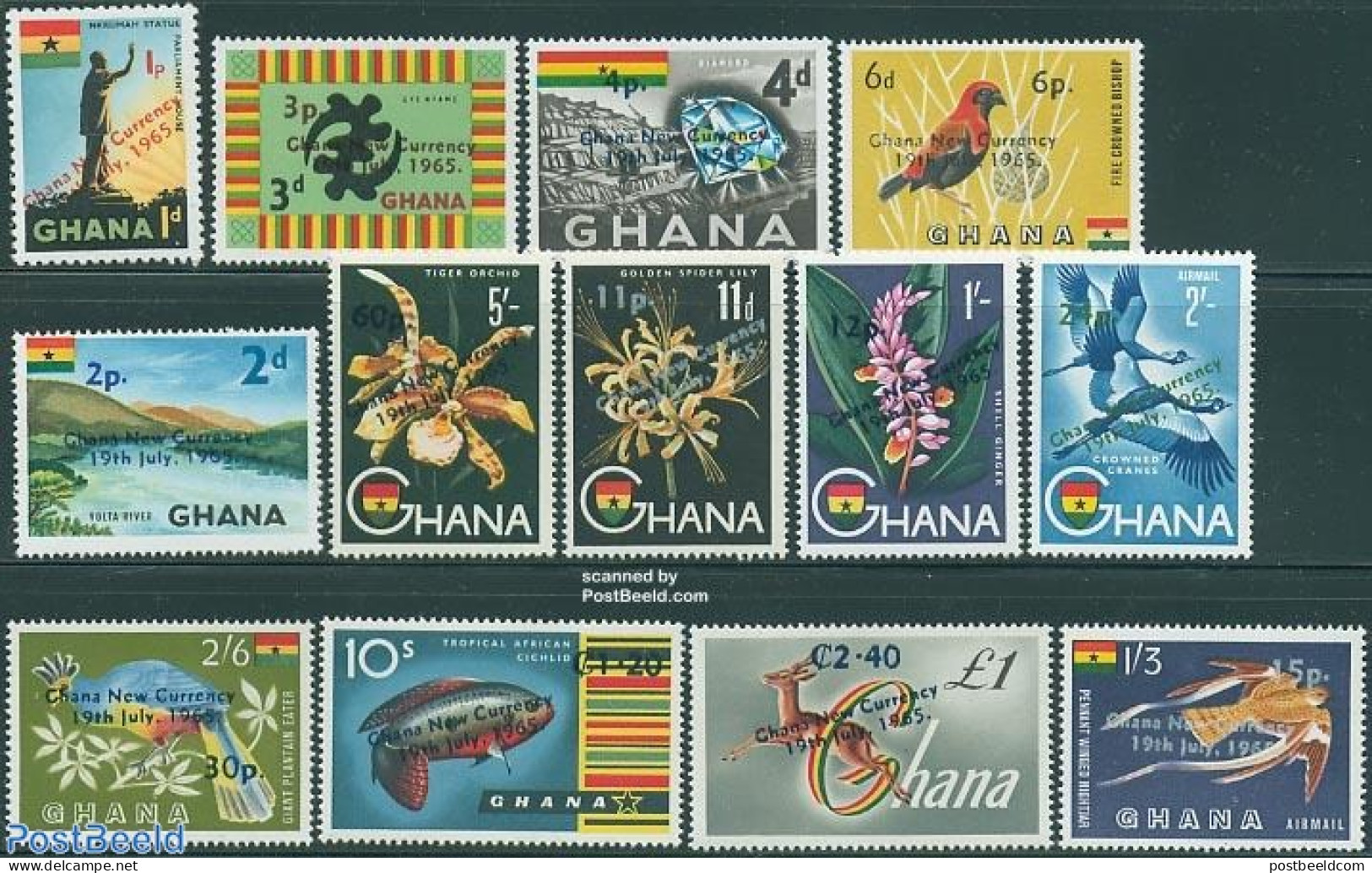Ghana 1965 Definitives New Currency 13v, Mint NH, Nature - Animals (others & Mixed) - Birds - Fish - Flowers & Plants .. - Fishes