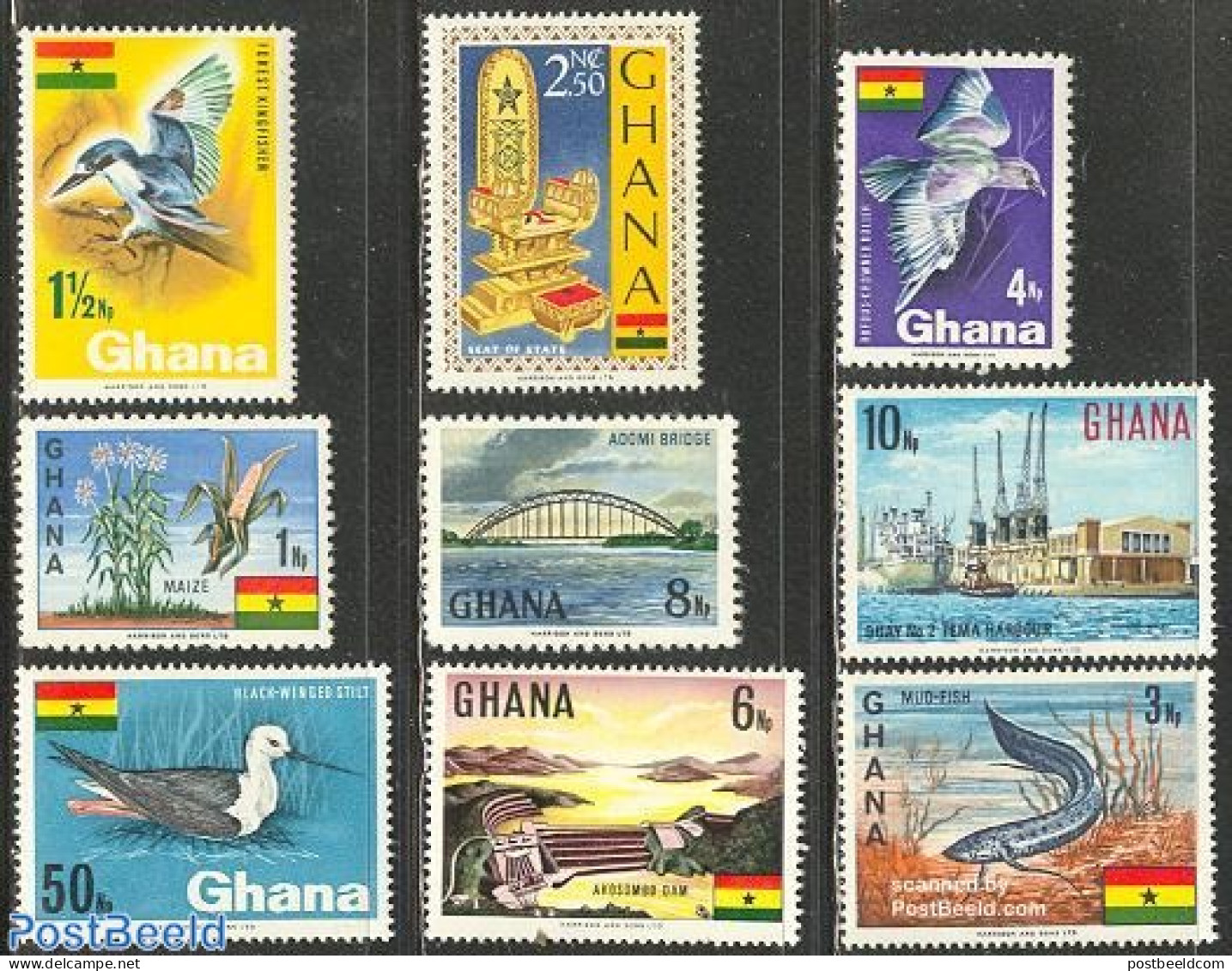 Ghana 1967 Definitives 9v, Mint NH, Nature - Birds - Fish - Art - Bridges And Tunnels - Kingfishers - Fishes