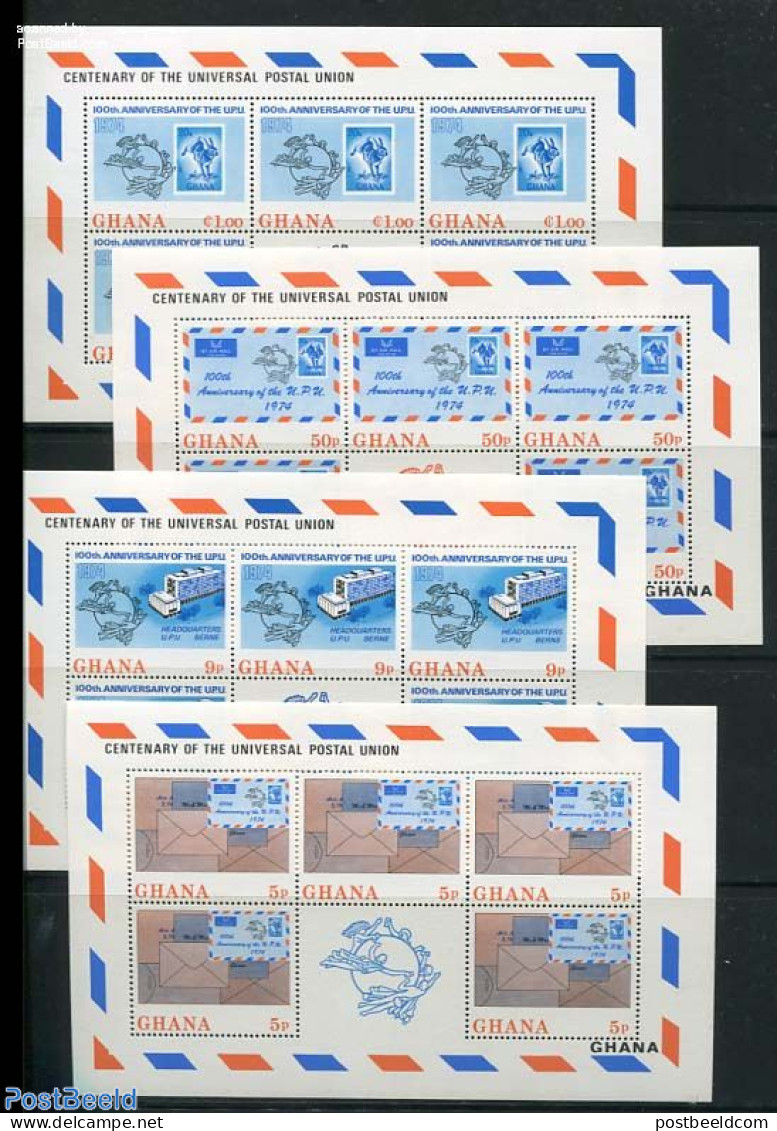 Ghana 1974 UPU Centenary 4 M/ss, Mint NH, Nature - Rabbits / Hares - Stamps On Stamps - U.P.U. - Briefmarken Auf Briefmarken