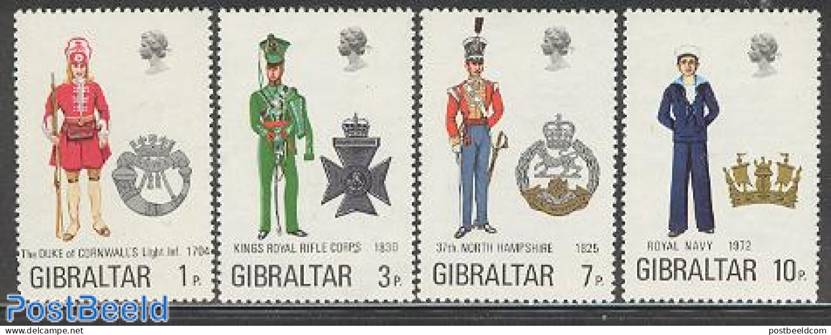 Gibraltar 1972 Uniforms 4v, Mint NH, History - Various - Coat Of Arms - Uniforms - Costumes