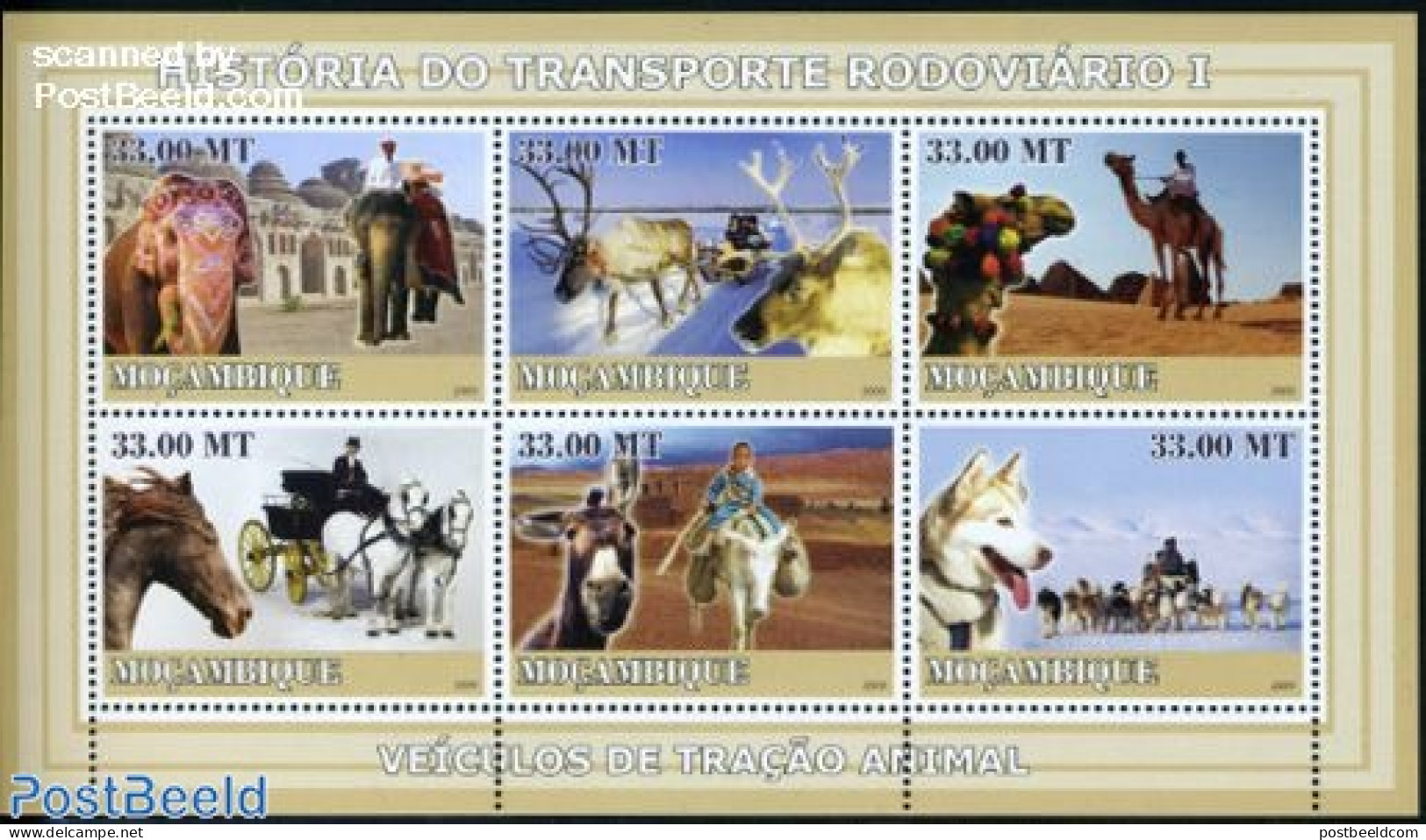 Mozambique 2009 Transports I 6v M/s, Mint NH, Nature - Animals (others & Mixed) - Camels - Dogs - Elephants - Horses - Mozambique