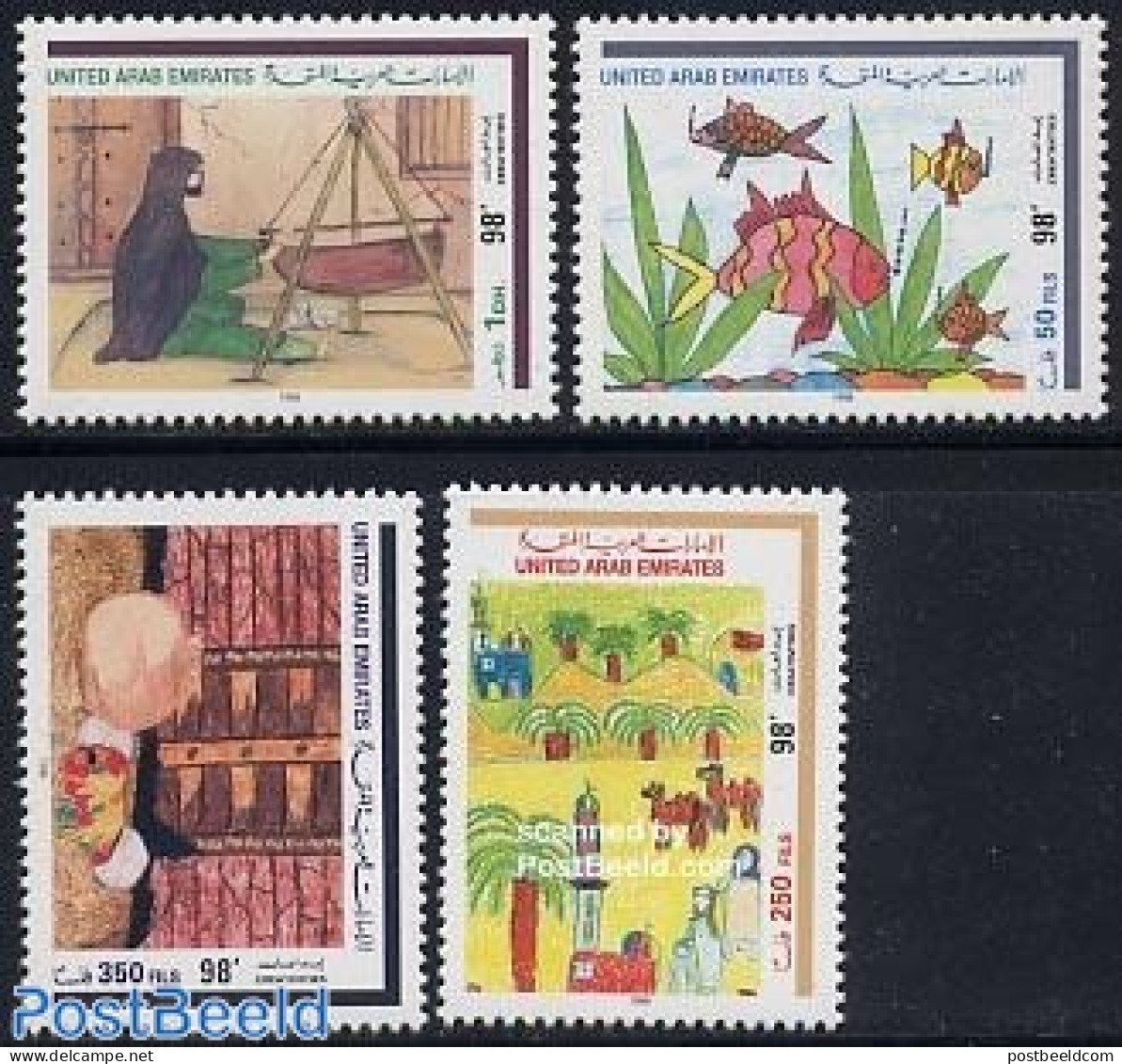 United Arab Emirates 1998 Paintings 4v, Mint NH, Nature - Fish - Art - Children Drawings - Fishes