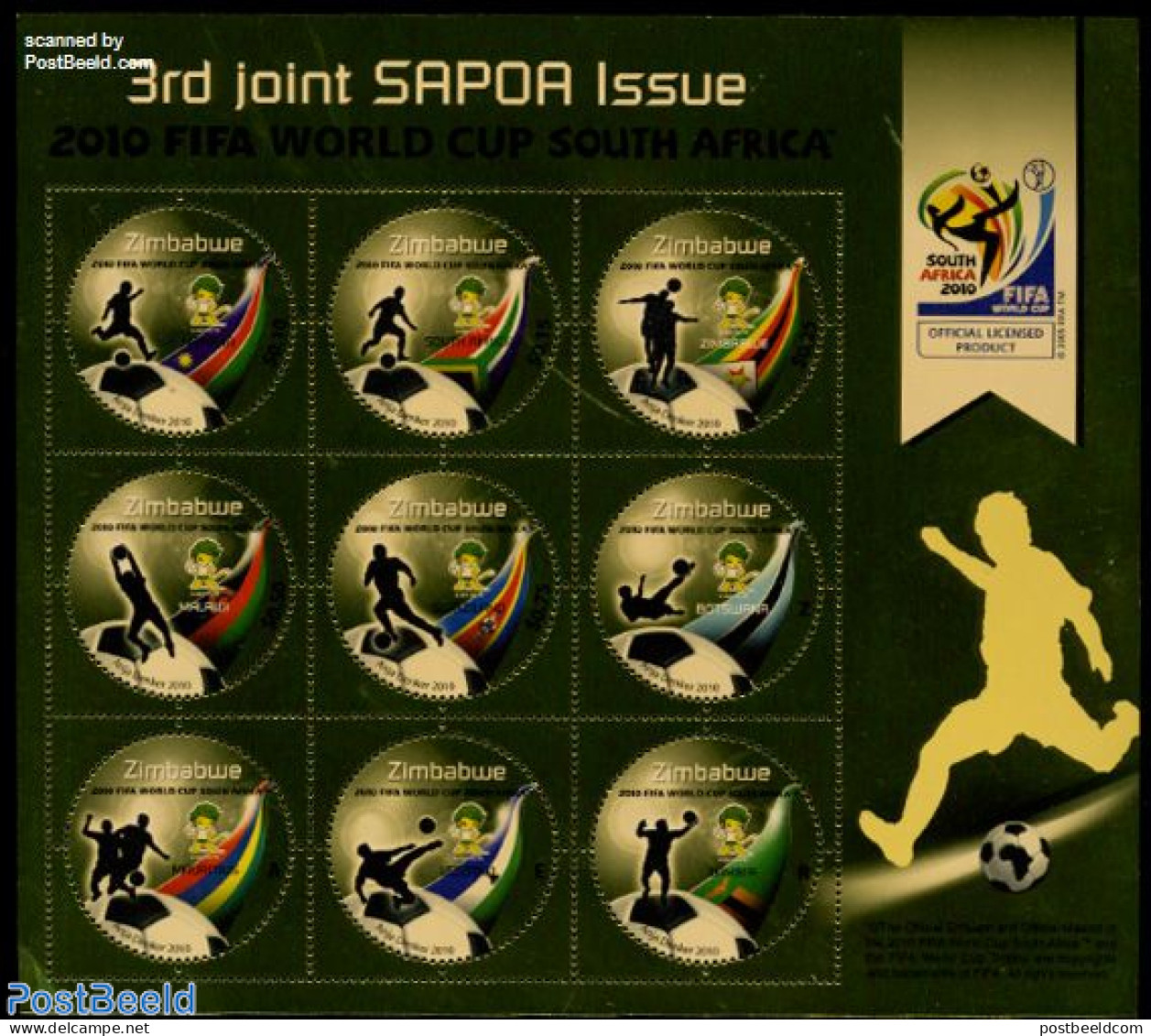Zimbabwe 2010 SAPOA, World Cup Football 9v M/s, Mint NH, Sport - Various - Football - Joint Issues - Round-shaped Stamps - Gemeinschaftsausgaben