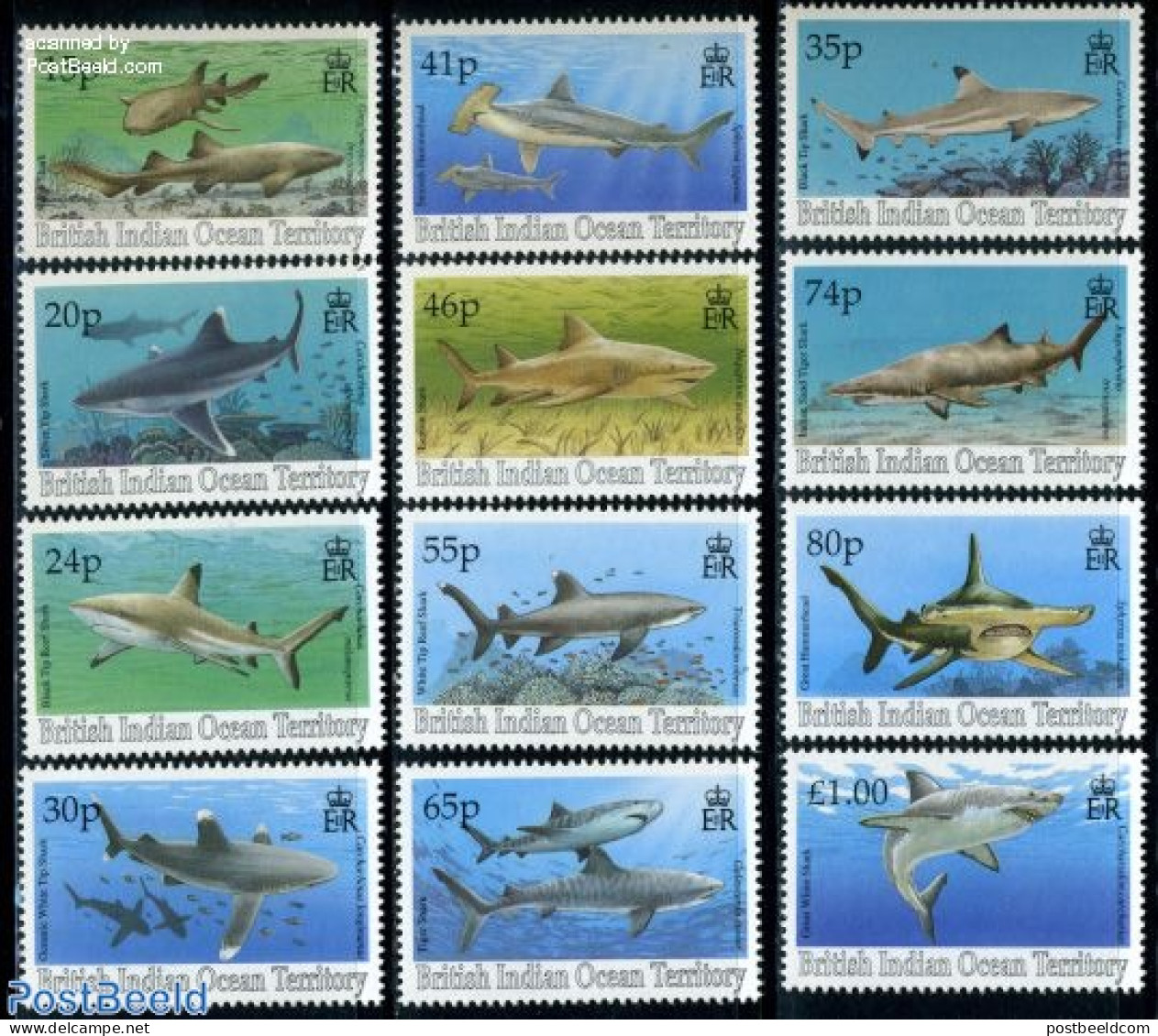 British Indian Ocean 1994 Definitives, Sharks 12v, Mint NH, Nature - Fish - Sharks - Fishes