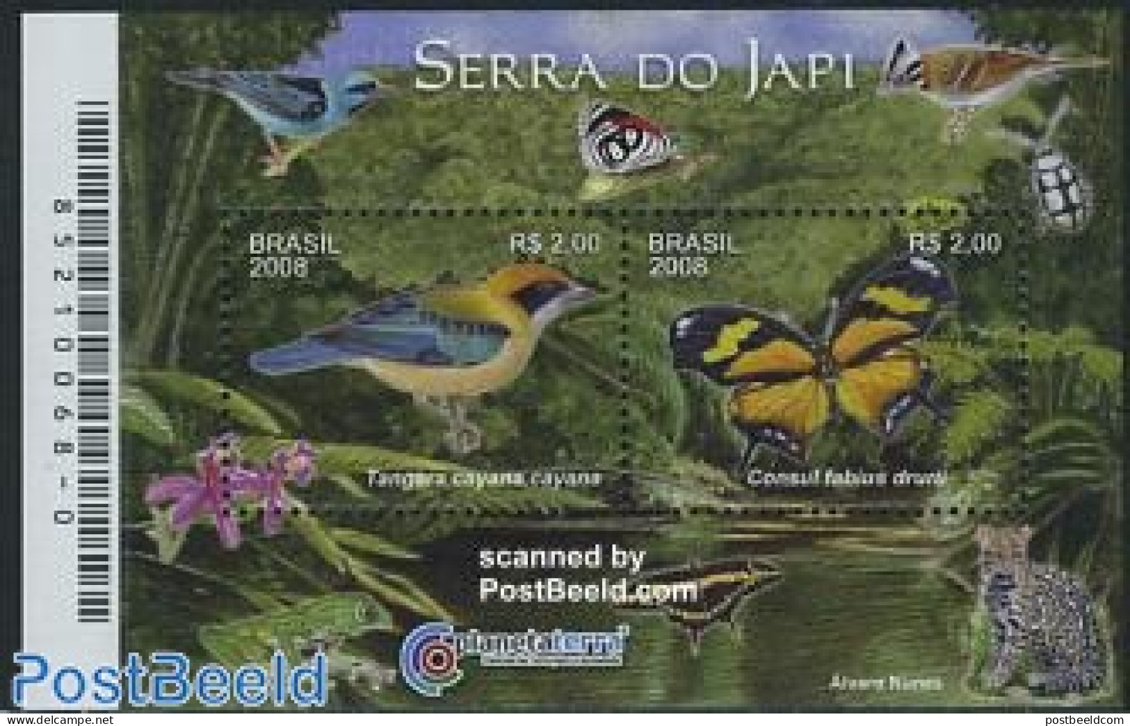 Brazil 2008 Do Japi Reserve S/s, Mint NH, Nature - Animals (others & Mixed) - Birds - Butterflies - Cat Family - Flowe.. - Ongebruikt