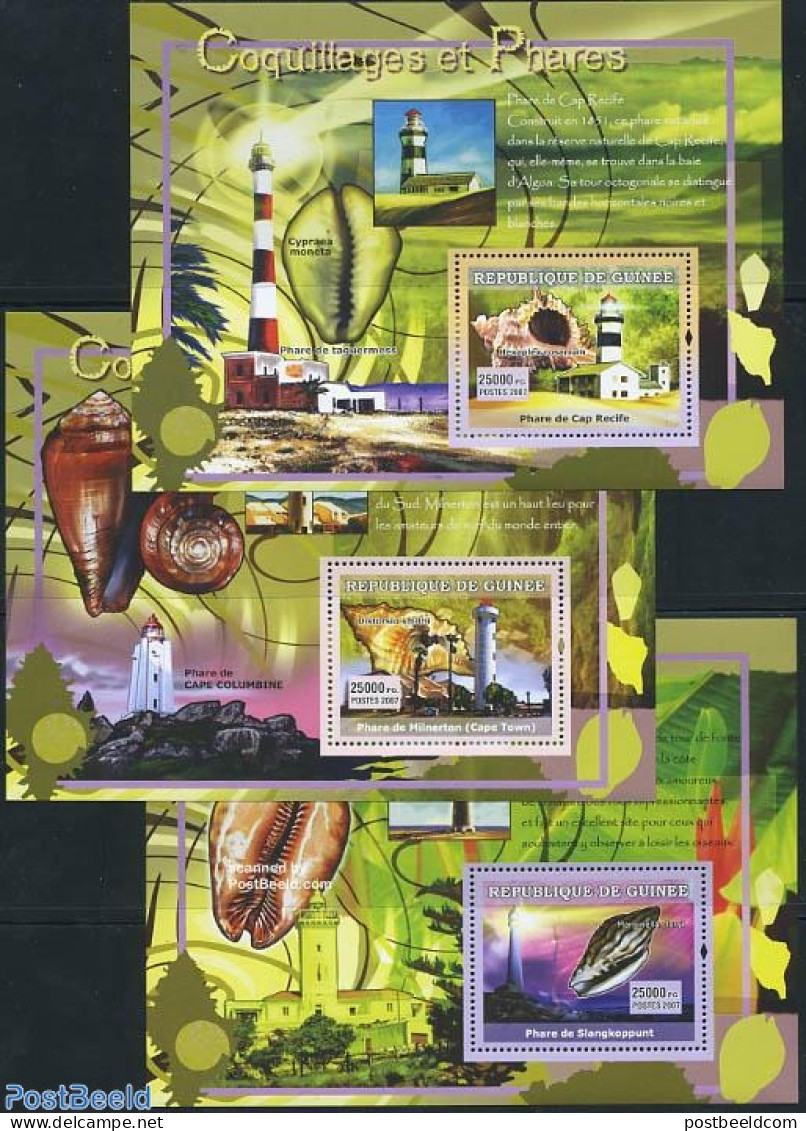 Guinea, Republic 2007 Lighthouses & Shells 3 S/s, Mint NH, Nature - Various - Lighthouses & Safety At Sea - Leuchttürme