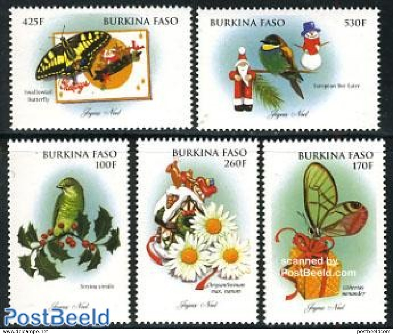 Burkina Faso 1998 Christmas 5v, Mint NH, Nature - Religion - Birds - Butterflies - Flowers & Plants - Christmas - Weihnachten