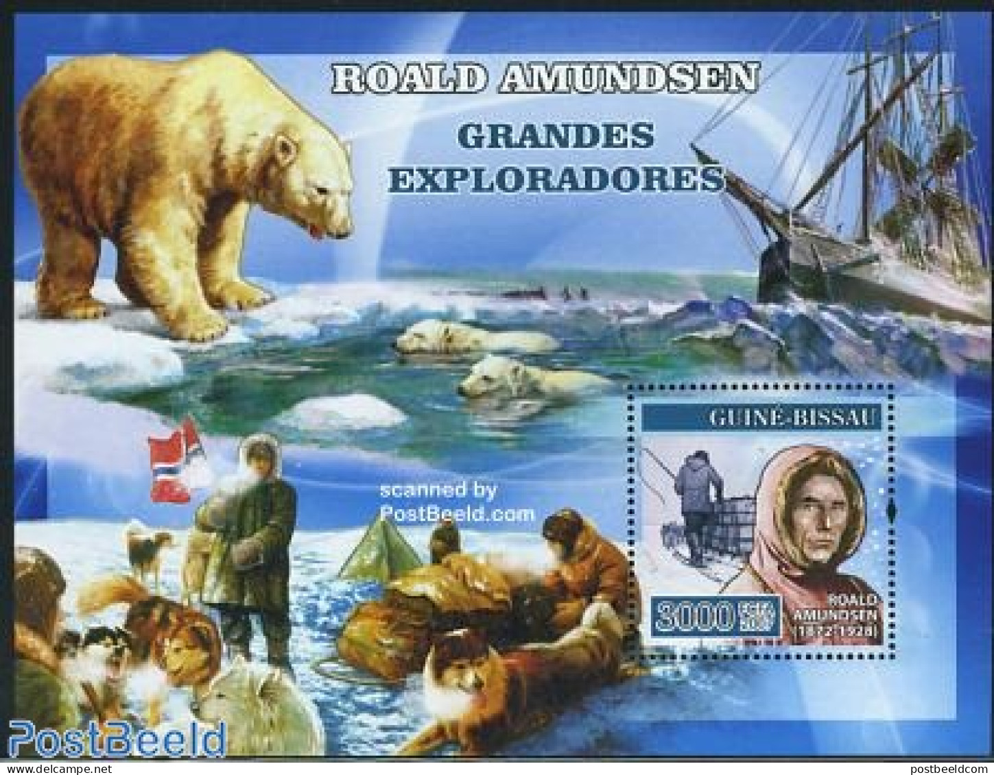 Guinea Bissau 2007 Explorers S/s, Amundsen, Mint NH, History - Nature - Transport - Explorers - Bears - Dogs - Ships A.. - Onderzoekers