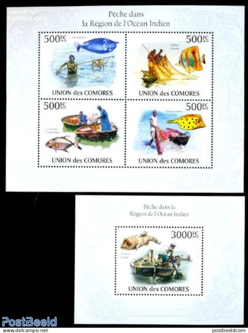 Comoros 2010 Fishing In The Indian Ocean 2 S/s, Mint NH, Nature - Transport - Fish - Fishing - Ships And Boats - Poissons