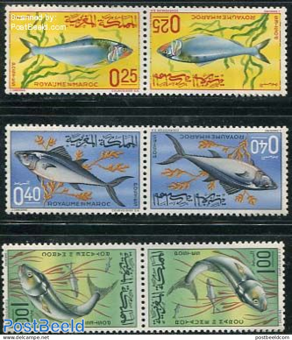 Morocco 1967 Fish 3v Tete Beche Pairs, Mint NH, Nature - Fish - Fishes