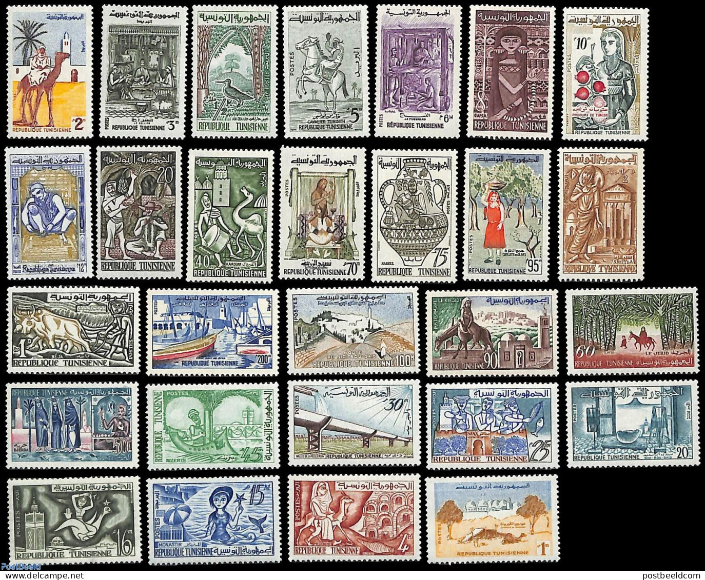Tunisia 1959 Definitives, Life In Tunesia 28v, Mint NH, Nature - Performance Art - Transport - Various - Birds - Camel.. - Musique