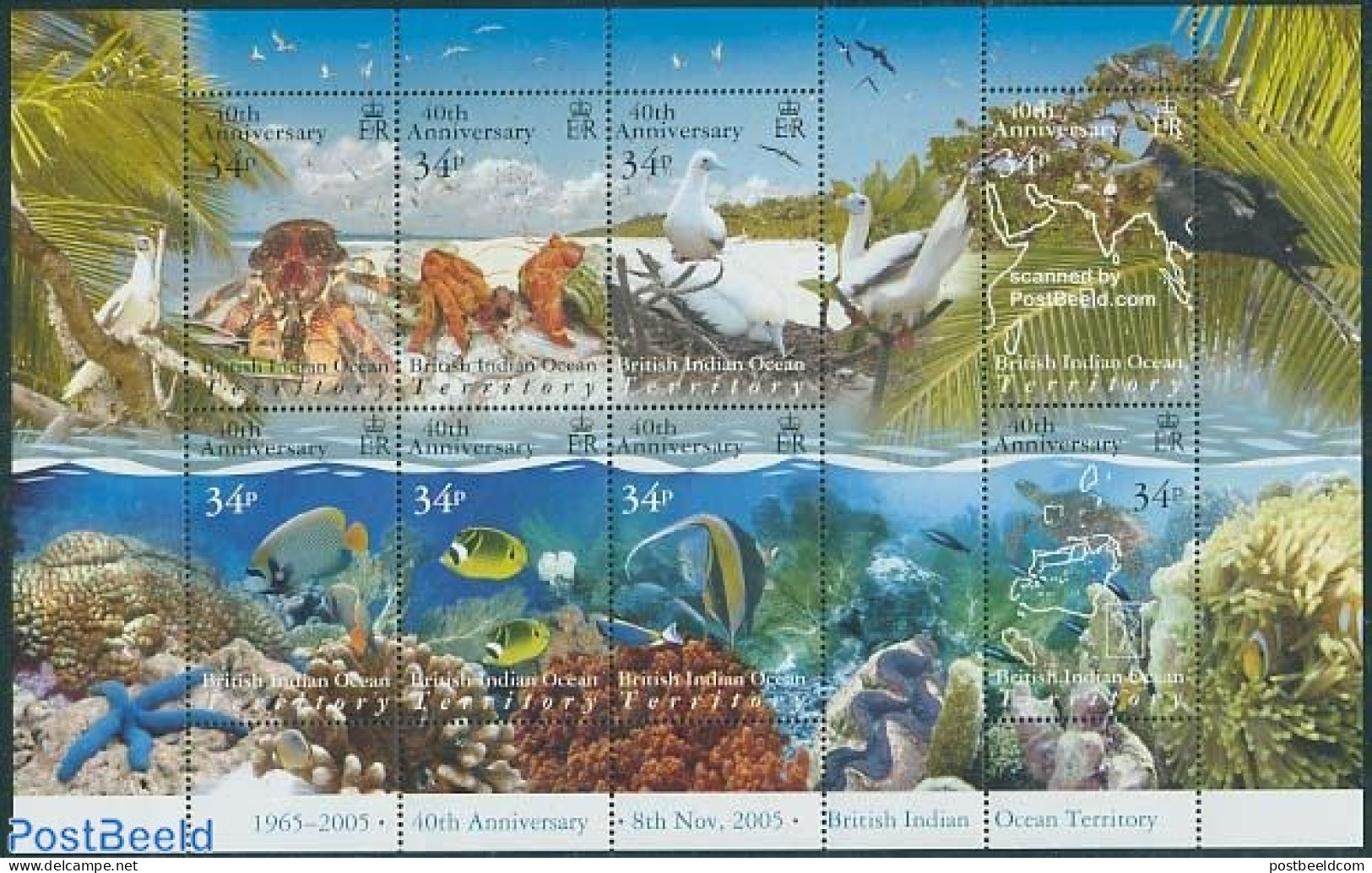 British Indian Ocean 2005 40 Years BIOT 8v M/s, Mint NH, Nature - Various - Birds - Fish - Shells & Crustaceans - Turt.. - Poissons