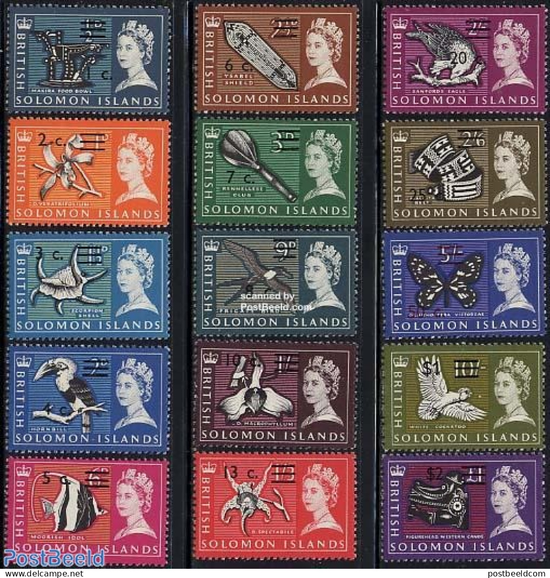 Solomon Islands 1966 Definitives 15v, WM Upwards, Mint NH, Nature - Birds - Butterflies - Fish - Shells & Crustaceans .. - Fishes