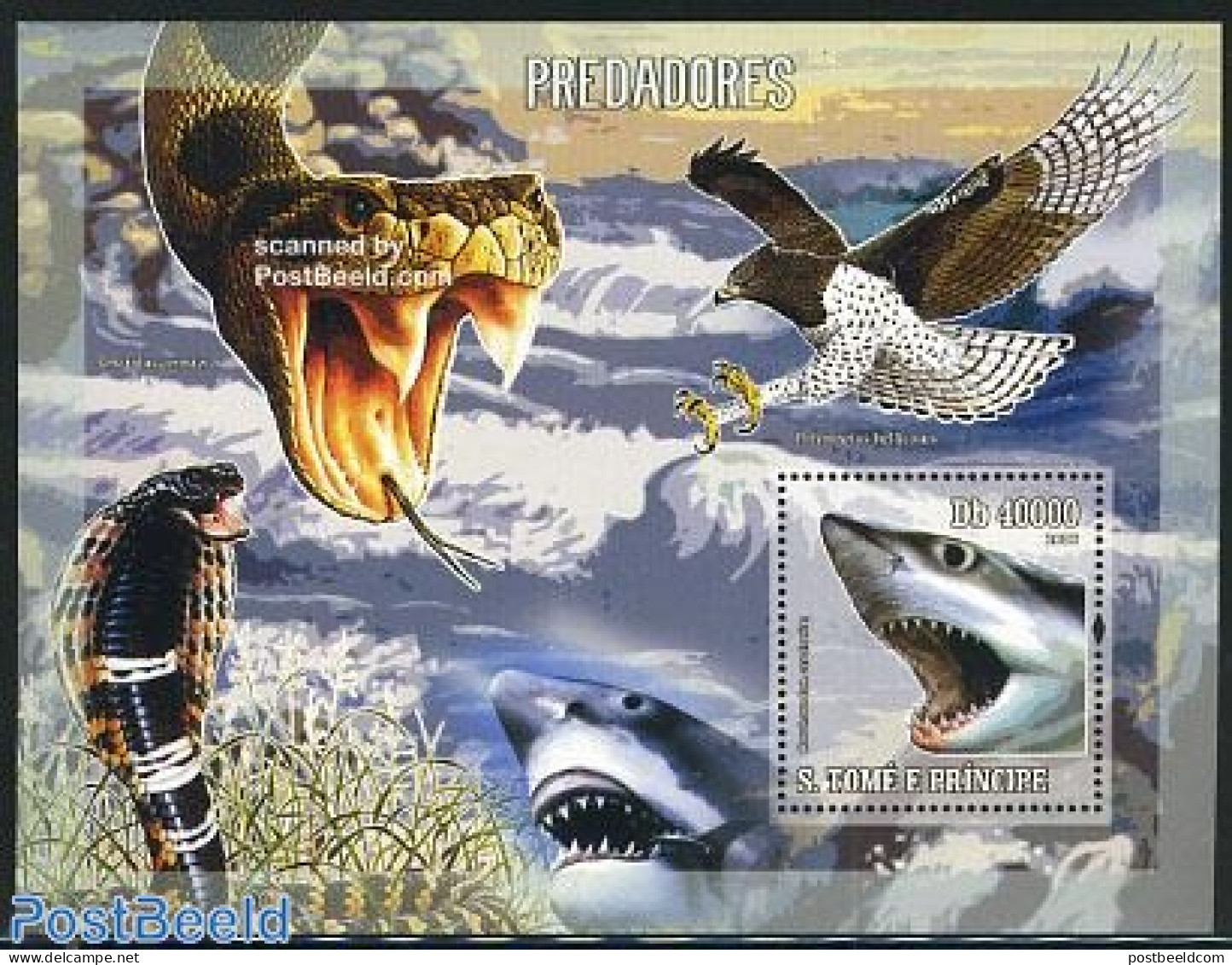 Sao Tome/Principe 2006 Preditors S/s, Shark, Mint NH, Nature - Birds Of Prey - Fish - Snakes - Fische