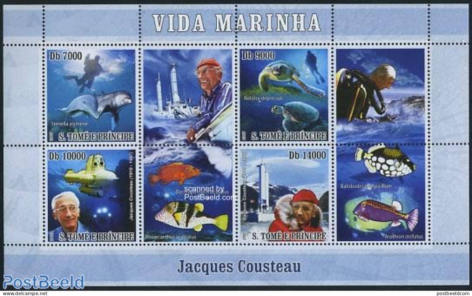Sao Tome/Principe 2007 Marine Life, J. Cousteau 4v M/s, Mint NH, Nature - Sport - Transport - Fish - Reptiles - Sea Ma.. - Fishes