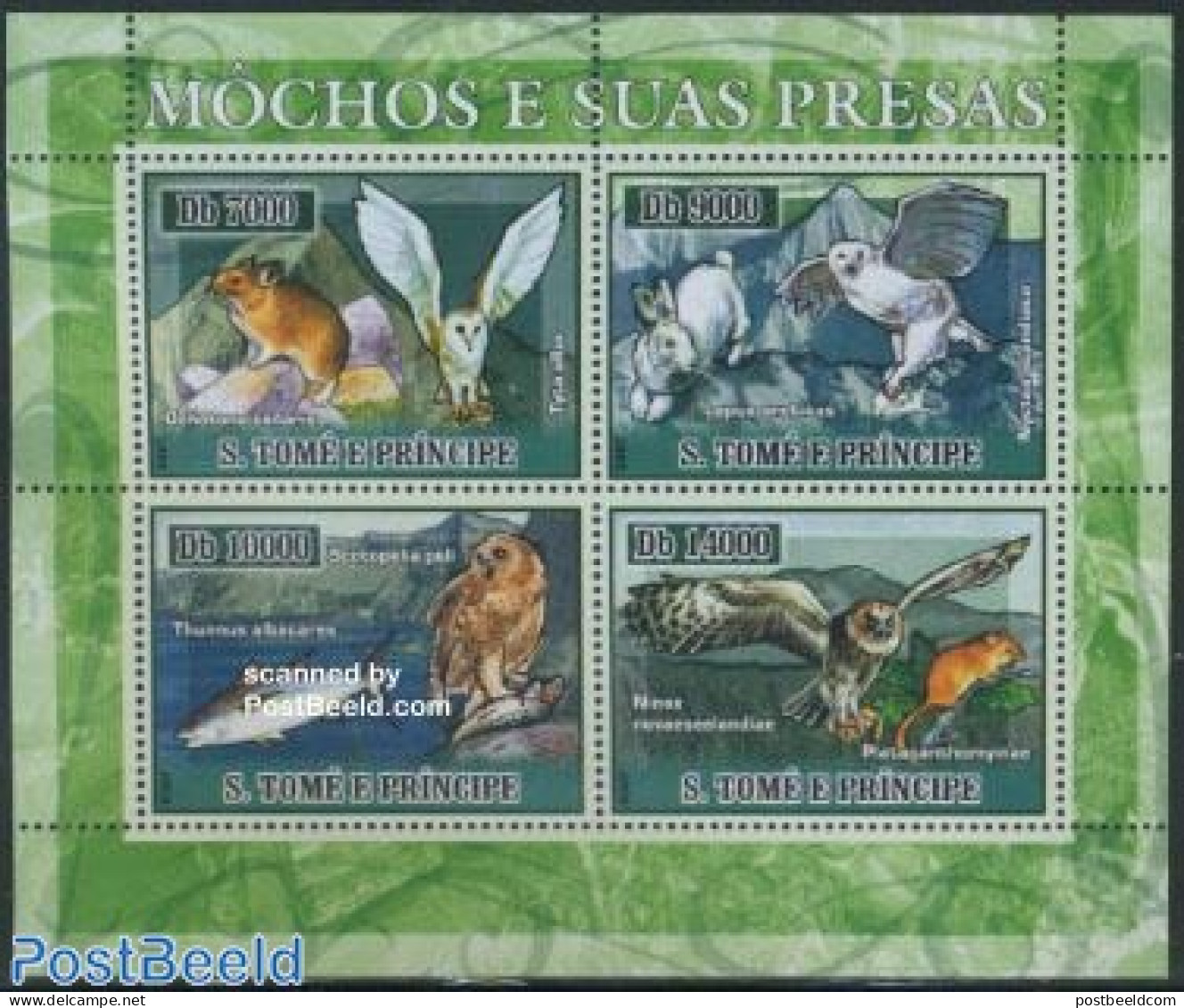 Sao Tome/Principe 2007 Owls And Their Prey 4v M/s, Mint NH, Nature - Birds - Birds Of Prey - Fish - Owls - Rabbits / H.. - Poissons