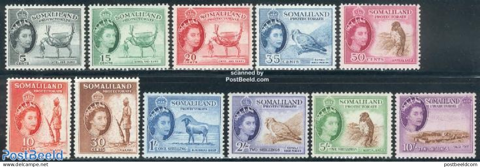 British Somalia 1953 Definitives 11v, Unused (hinged), Nature - Animals (others & Mixed) - Birds - Birds Of Prey - Cam.. - Castles