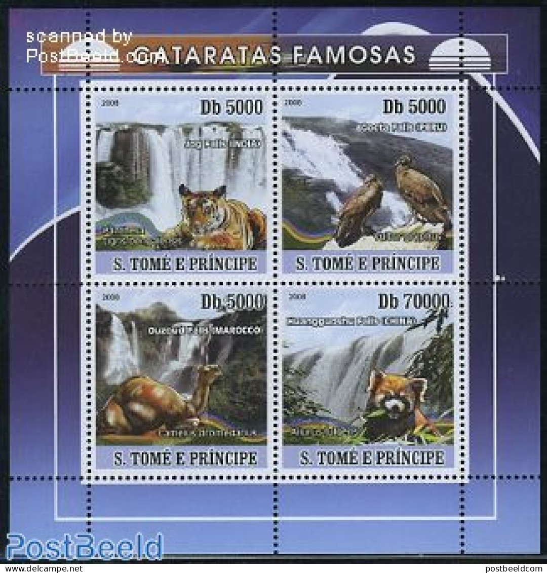Sao Tome/Principe 2008 Famous Falls & Animals 4v M/s, Mint NH, Nature - Animals (others & Mixed) - Birds - Camels - Ca.. - Sao Tome Et Principe