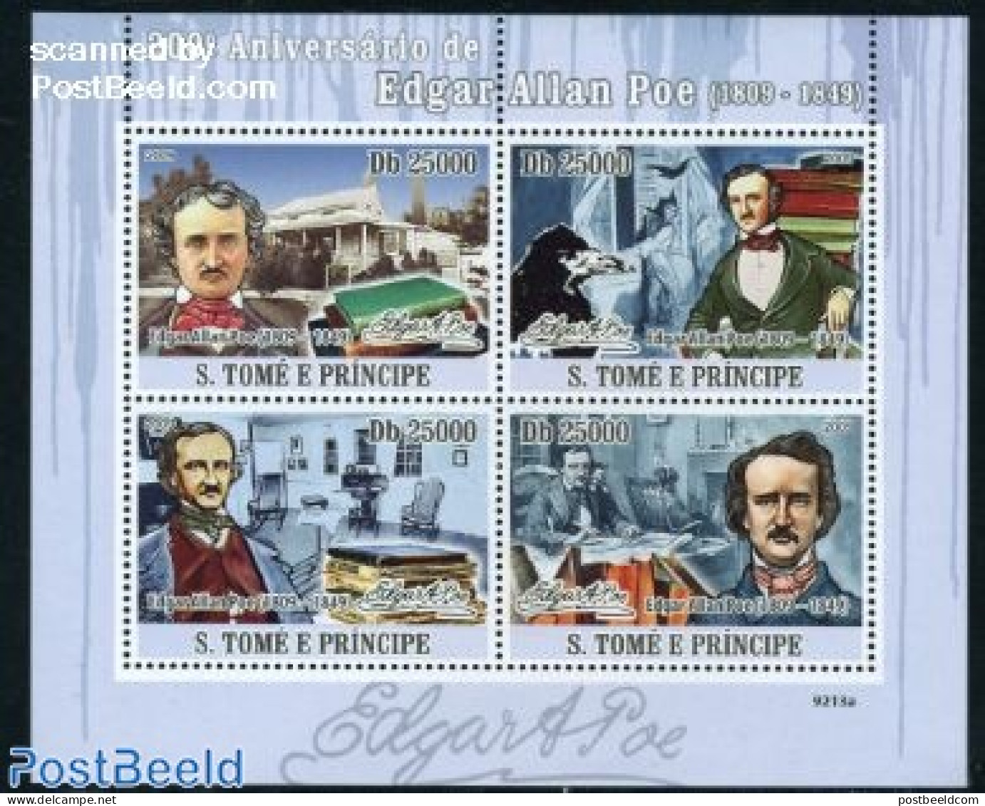 Sao Tome/Principe 2009 Edgar Allan Poe 4v M/s, Mint NH, Nature - Birds - Art - Authors - Books - Escritores