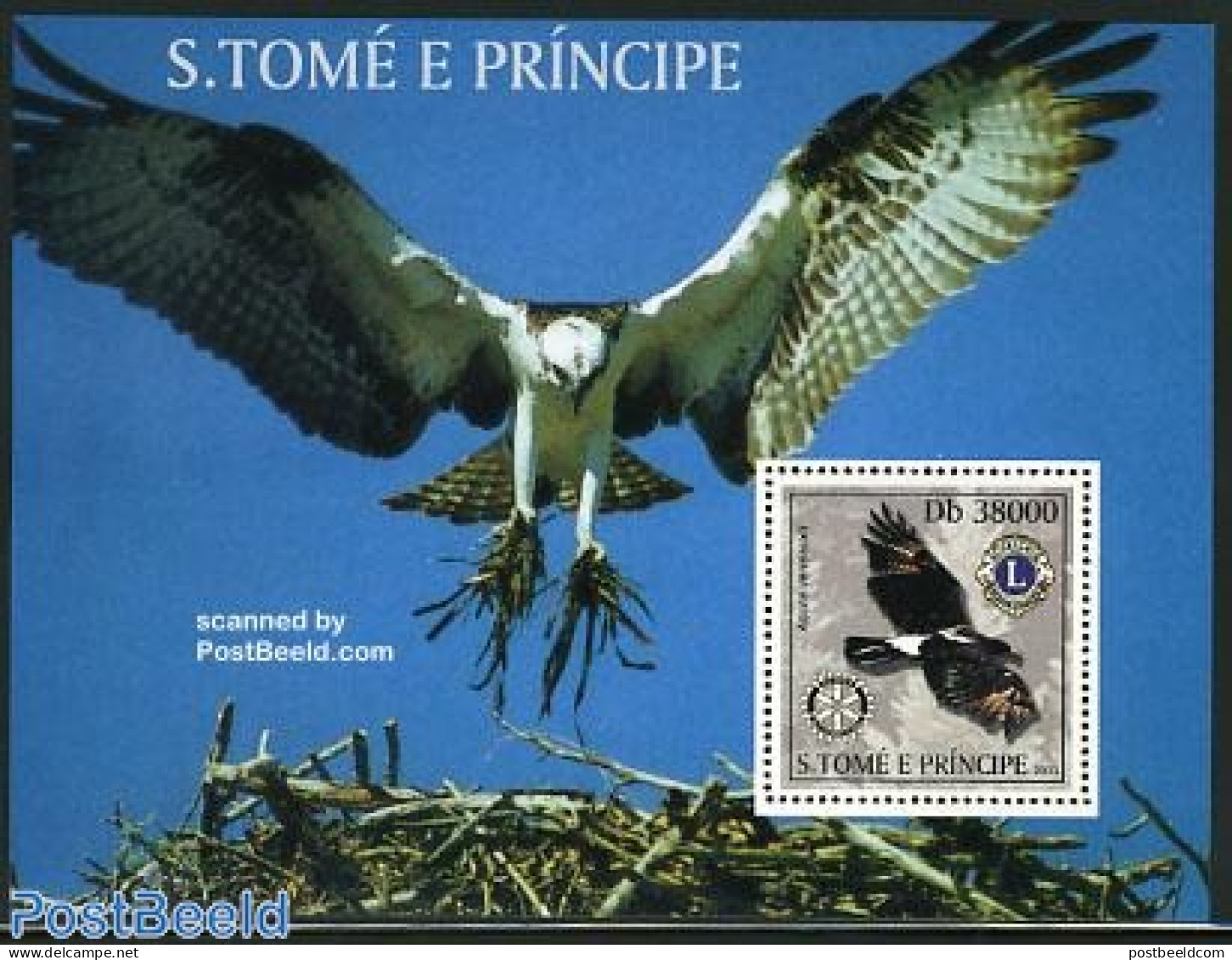 Sao Tome/Principe 2003 Birds Of Prey (Rotary/Lions) S/s, Mint NH, Nature - Various - Birds - Birds Of Prey - Lions Clu.. - Rotary Club