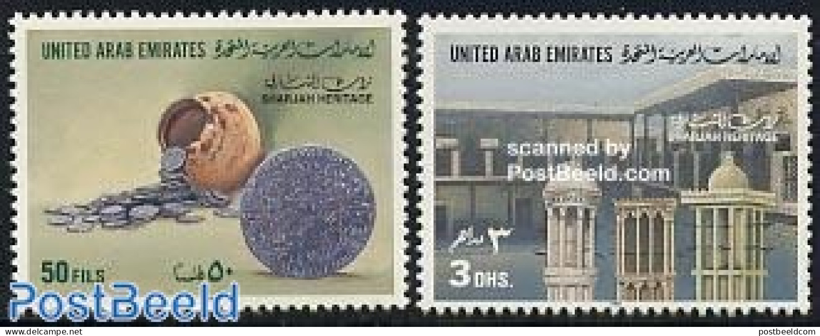 United Arab Emirates 1997 Cultural Heritage 2v, Mint NH, Various - Money On Stamps - Art - Architecture - Monnaies