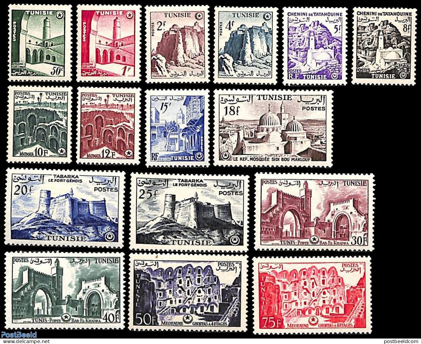 Tunisia 1956 Definitives 16v (without RF), Mint NH, Various - Tourism - Art - Castles & Fortifications - Castillos