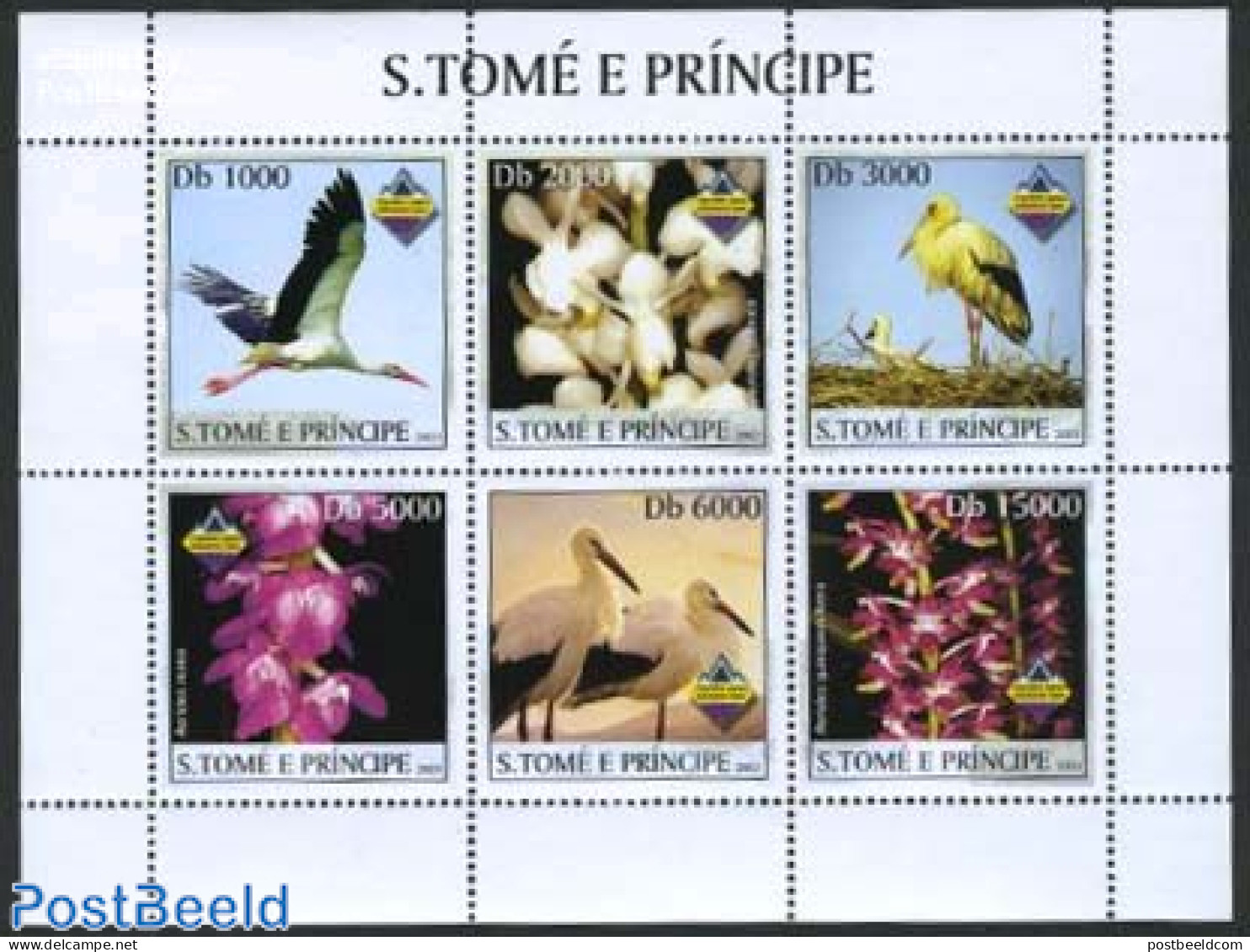 Sao Tome/Principe 2003 Stroks & Flowers 6v M/s, Mint NH, Nature - Birds - Orchids - Sao Tome And Principe